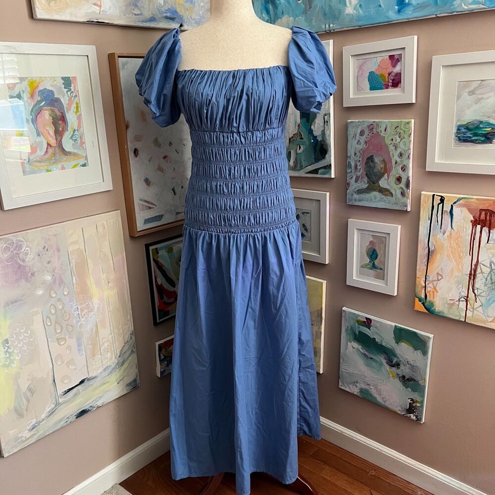Abercrombie & Fitch Blue Midi Dress Puff Sleeve Dropwaist Milkmaid M Petite